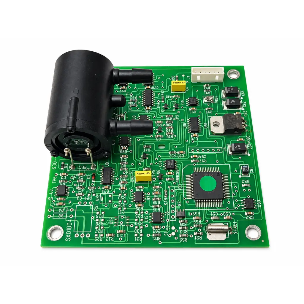 Green ultrasonic oxygen module pcb board with black cylindrical component and various electronic parts for oxygen module