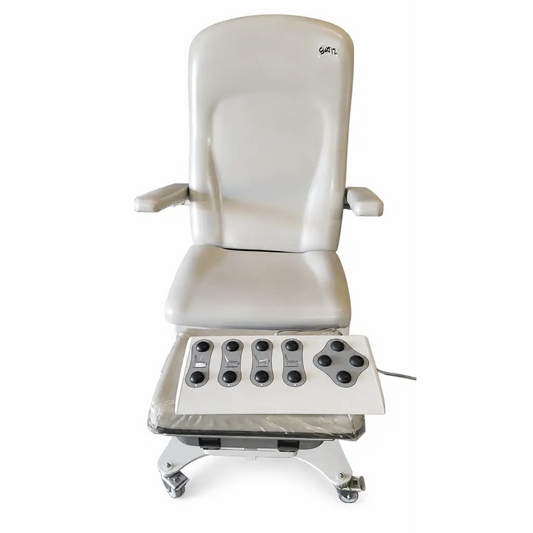 Umf medical 5016 biomed certified white power medical exam chair with reclining design and black massage nodes