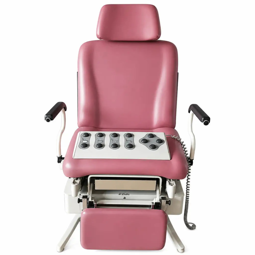United metal fabricators 4011 power medical exam chair table with pink leather, black armrests, and control panel buttons