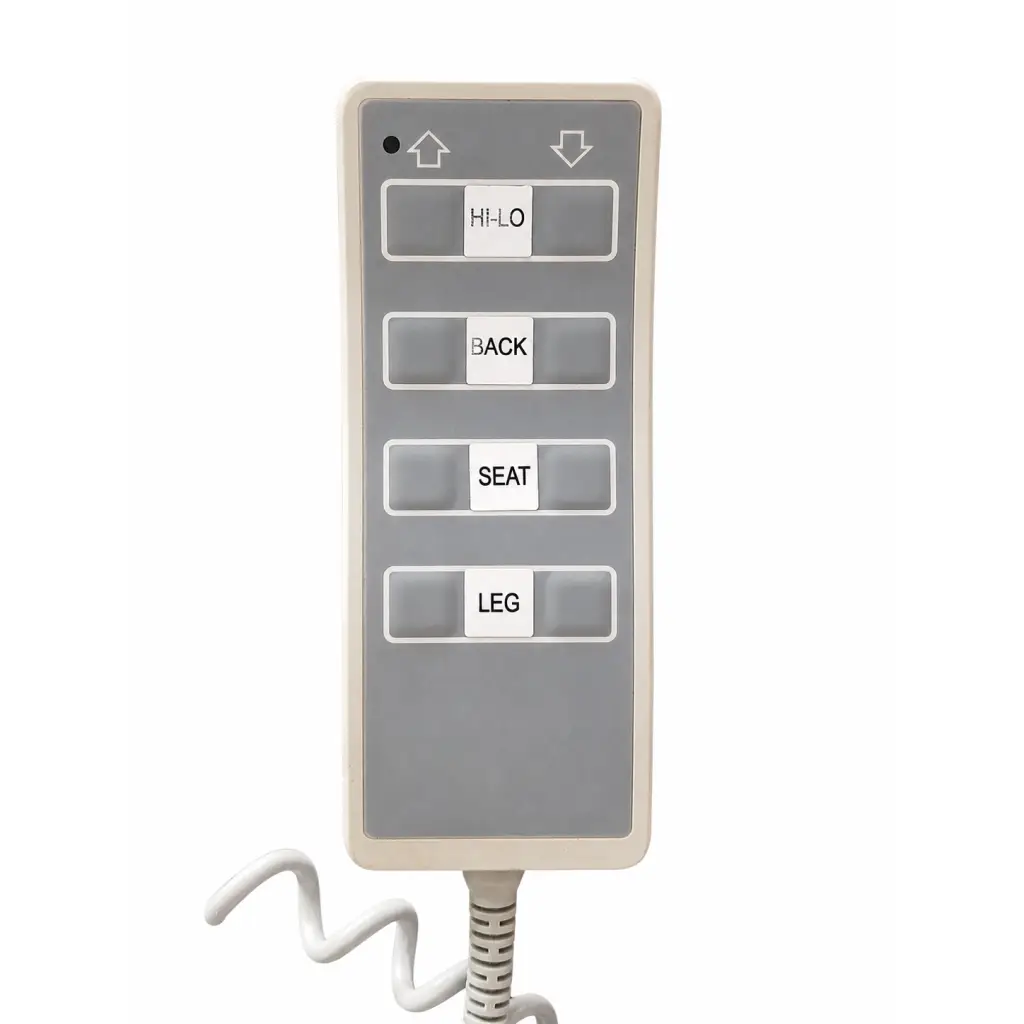Gray rectangular remote control with white buttons for seat and leg adjustments on united metal fabricators biomed certified medical exam chair table