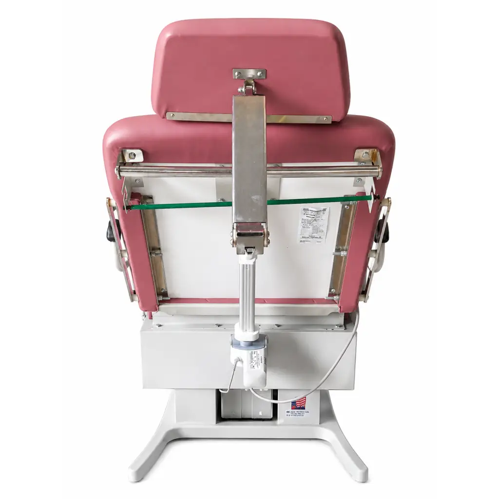 Pink upholstered biomed certified united metal fabricators 4011 power medical exam chair with stainless steel frame and adjustable armrests