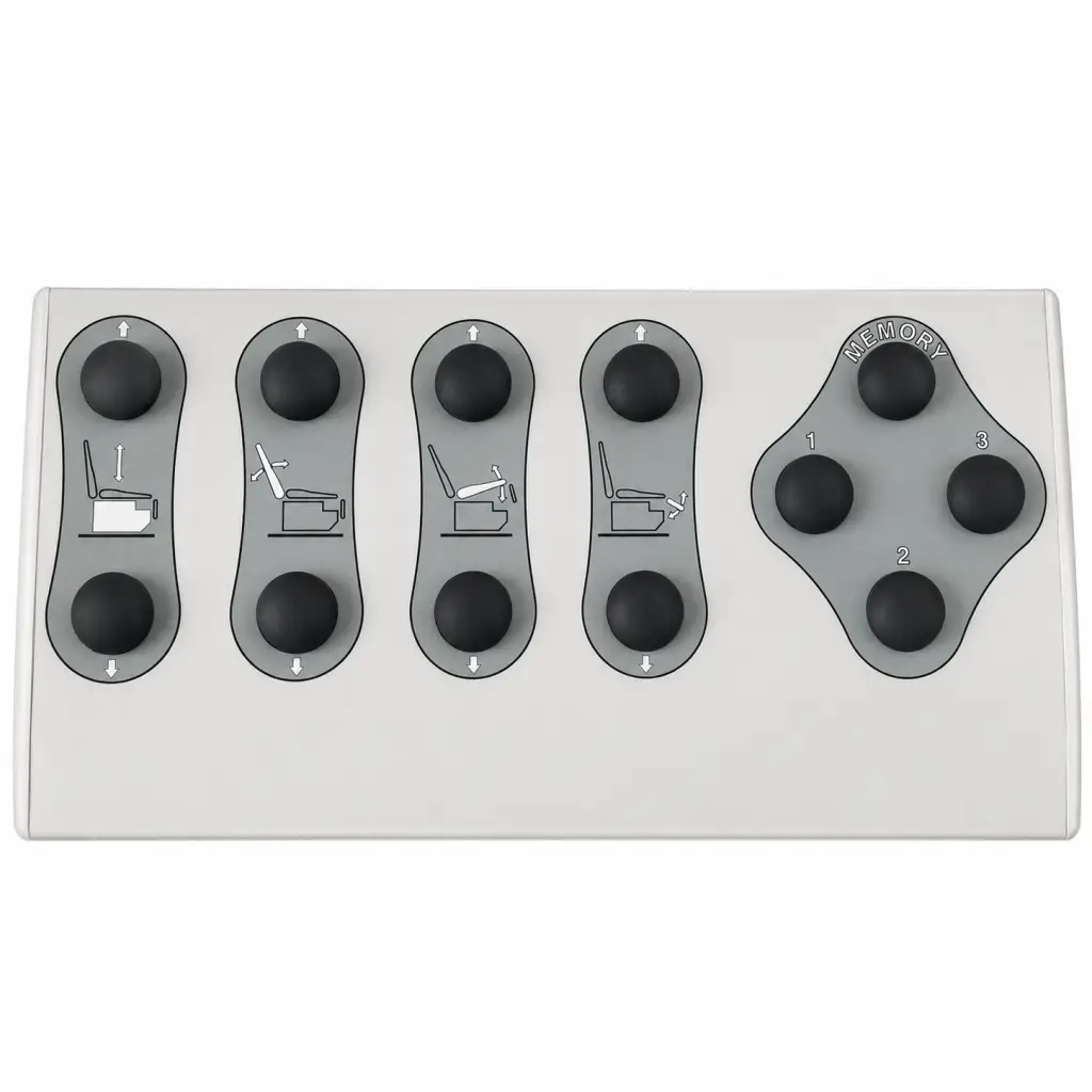 Gray ergonomic control panel with adjustable seat and memory buttons on biomed certified united metal fabricators 4011 exam chair