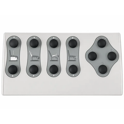 Gray ergonomic control panel with adjustable seat and memory buttons on biomed certified united metal fabricators 4011 exam chair