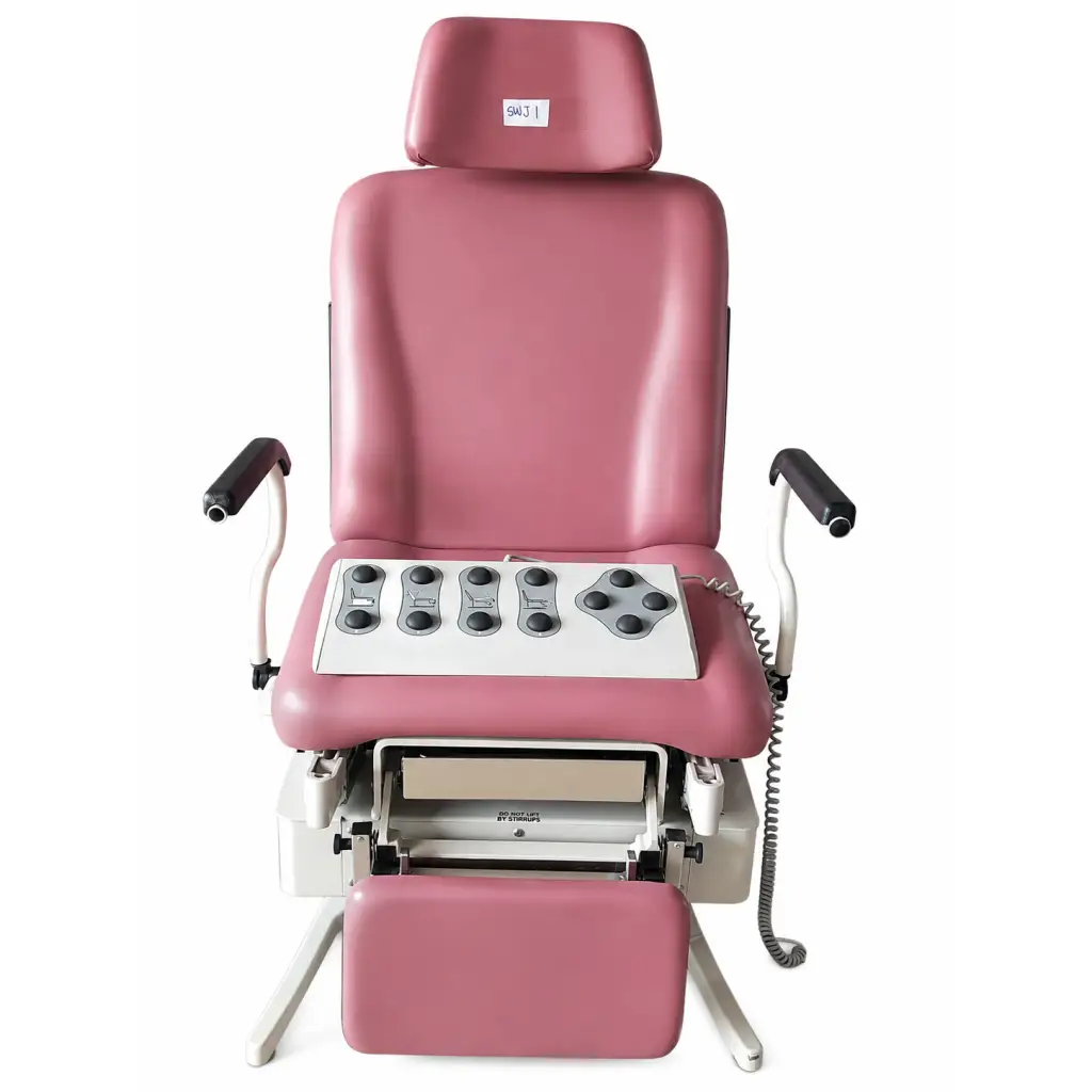 Pink leather-covered united metal fabricators 4011 power medical exam chair table with control panel and adjustable footrest biomed certified