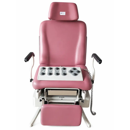 Pink leather-covered united metal fabricators 4011 power medical exam chair table with control panel and adjustable footrest biomed certified