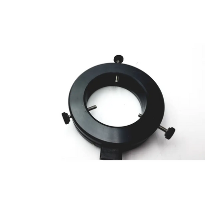 Black circular telescope mount adapter with three adjustable screws and central hole for unitron led quadrant ringlight