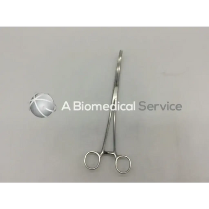 Stainless steel crafoord coarctation forceps with rounded handles and slightly curved serrated tip for precise clamping