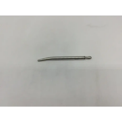 Silver-colored slender metal walther dilator catheter with curved tip and rounded end for medical use
