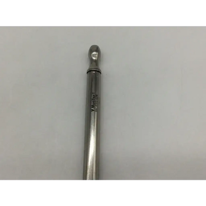 A sleek stainless steel walther dilator catheter with a polished cylindrical body and rounded tip for medical use