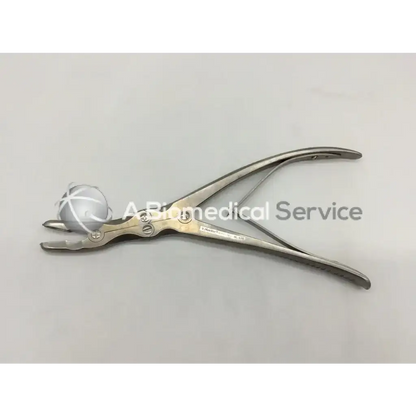 Stainless steel leksell ronguer forceps with curved handles and textured spherical grip for surgical use