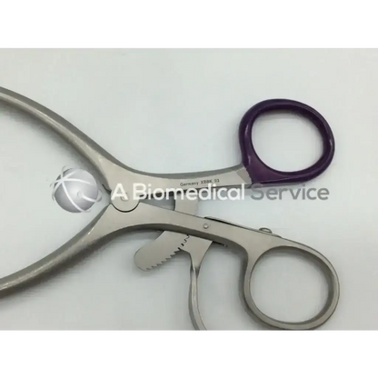 Sterilized v mueller nl 9215 collis retractor with metallic silver body and purple handle marked germany xbbk 03