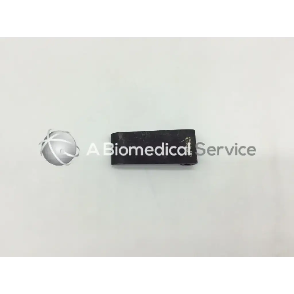 Black matte rectangular v mueller mcculloch retractor blade with engraved text on side for surgical use