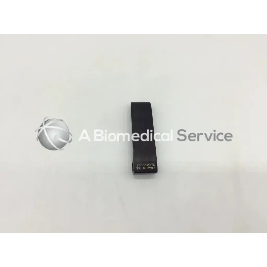 Black rectangular v mueller nl9702-023 retractor blade with engraved text on its surface for surgical use