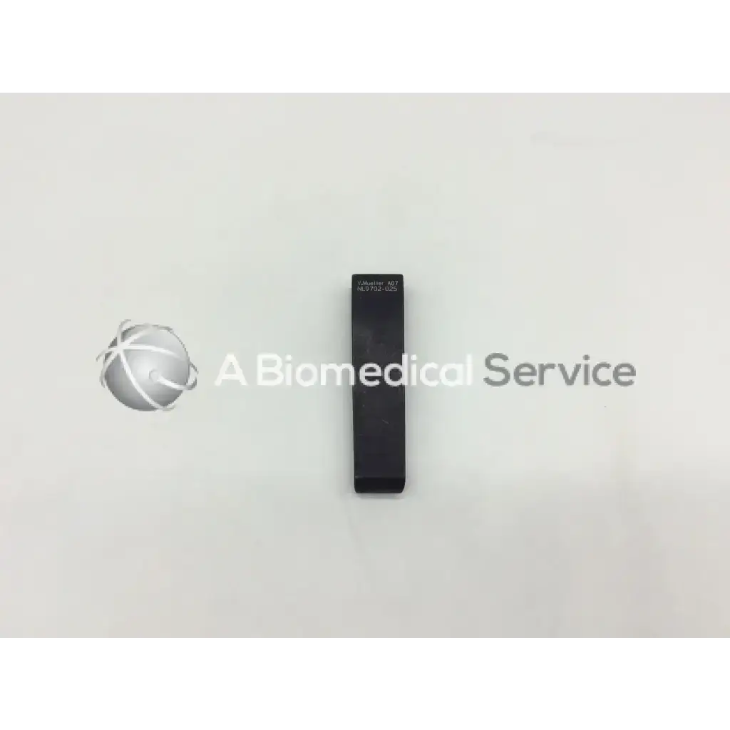 Black rectangular mcculloch retractor blade 2cm x 8cm with engraved text on top surface for surgical use