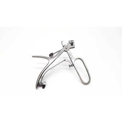 Stainless steel v.mueller rh3700 universal punch handle with curved handles and adjustable arms for surgical use