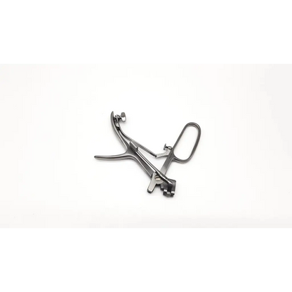 Silver surgical instrument with curved handles and adjustable jaws is the v.mueller rh3700 universal punch handle