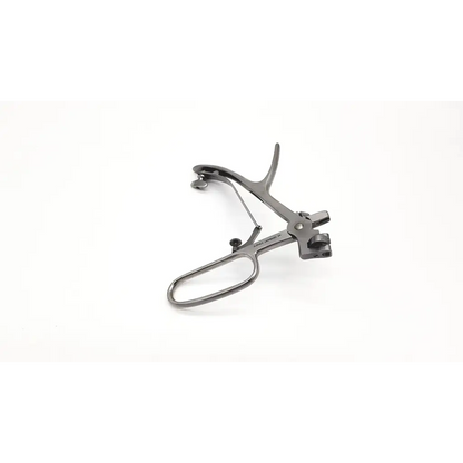 Black metal surgical retractor with curved handle and adjustable arms for v.mueller rh3700 universal punch handle