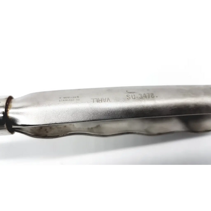 Stainless steel richardson appendectomy retractor with engraved markings and worn metallic finish for appendectomy use
