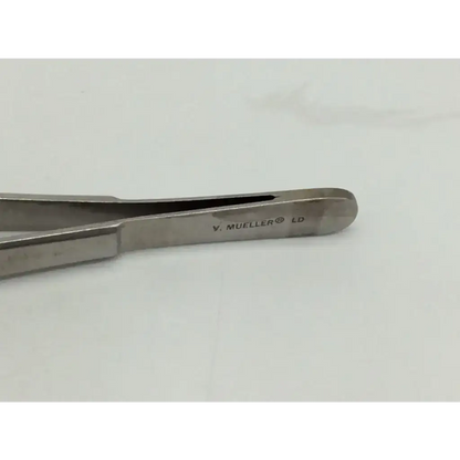 Silver mueller su2335 tissue forceps with polished metallic finish and engraved v for precise surgical use