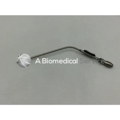 Silver-toned mueller suction tube with curved shaft and textured white ball tip working length 5in 7fr nl3785-191