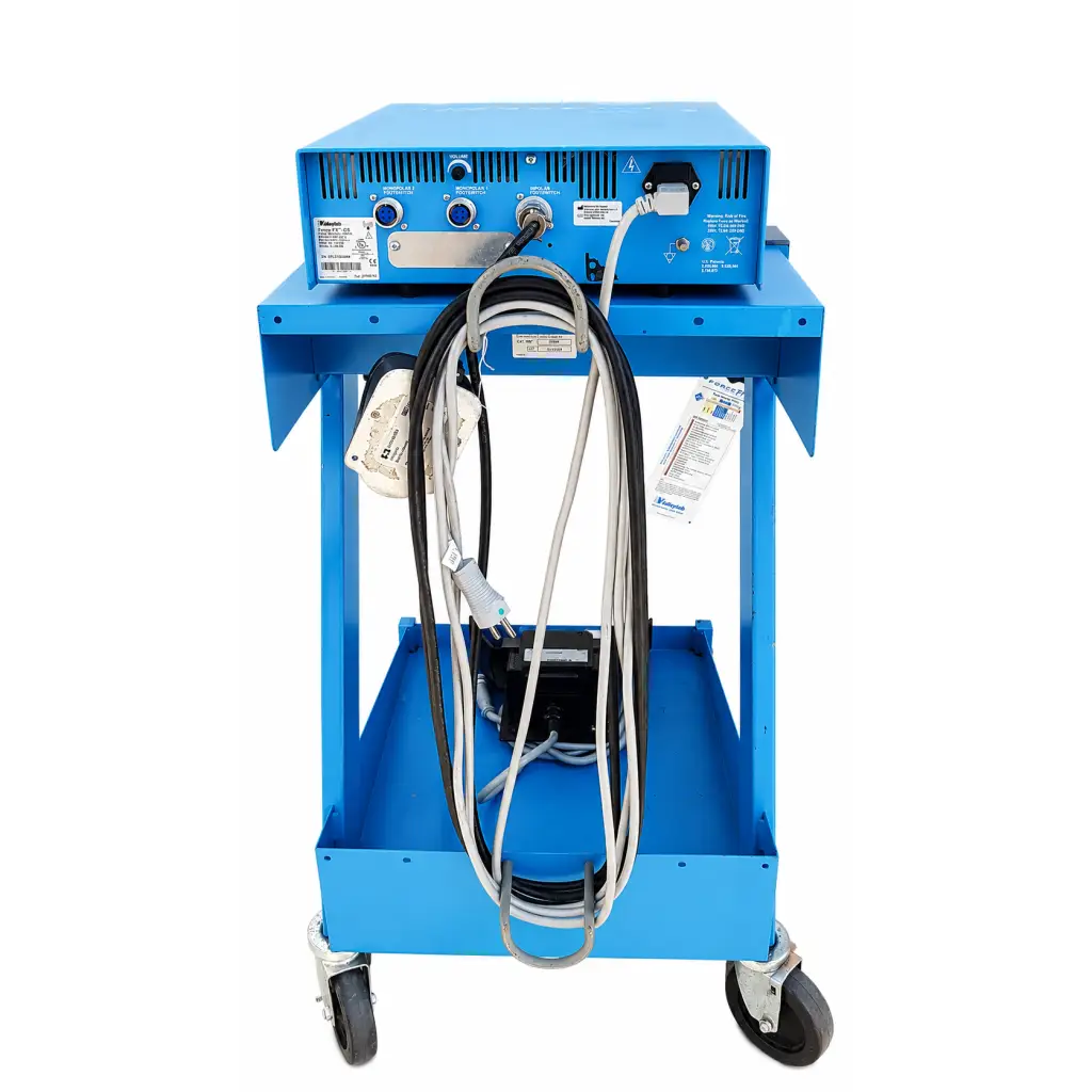 Blue metal cart with wheels holding biomed certified valleylab force fx-c electrosurgical generator and coiled cables