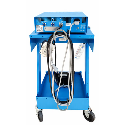 Blue metal cart with wheels holding biomed certified valleylab force fx-c electrosurgical generator and coiled cables