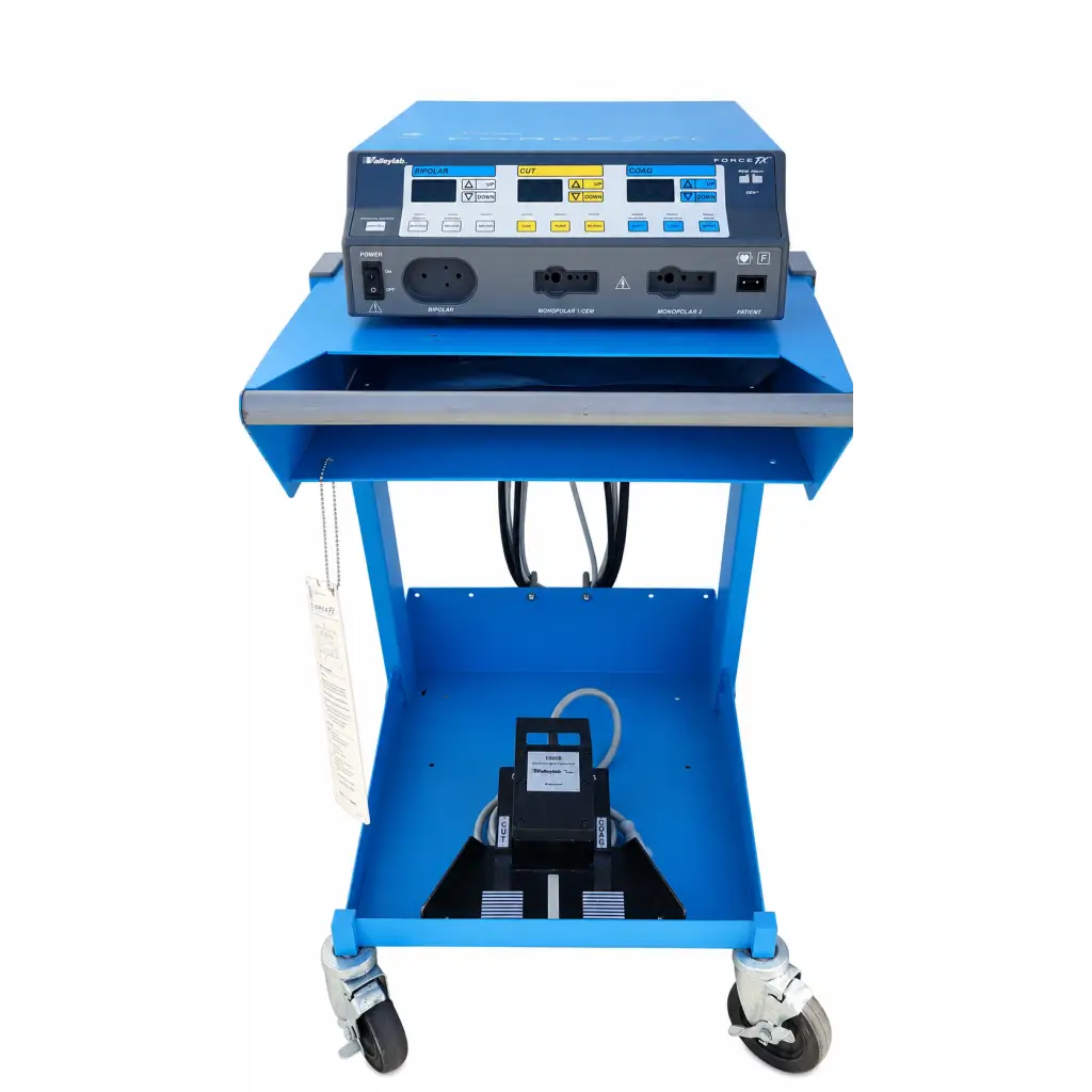Blue medical cart with welch allyn surgical monitor and electrosurgical generator force fx-c biomed certified setup