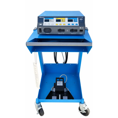 Blue medical cart with welch allyn surgical monitor and electrosurgical generator force fx-c biomed certified setup