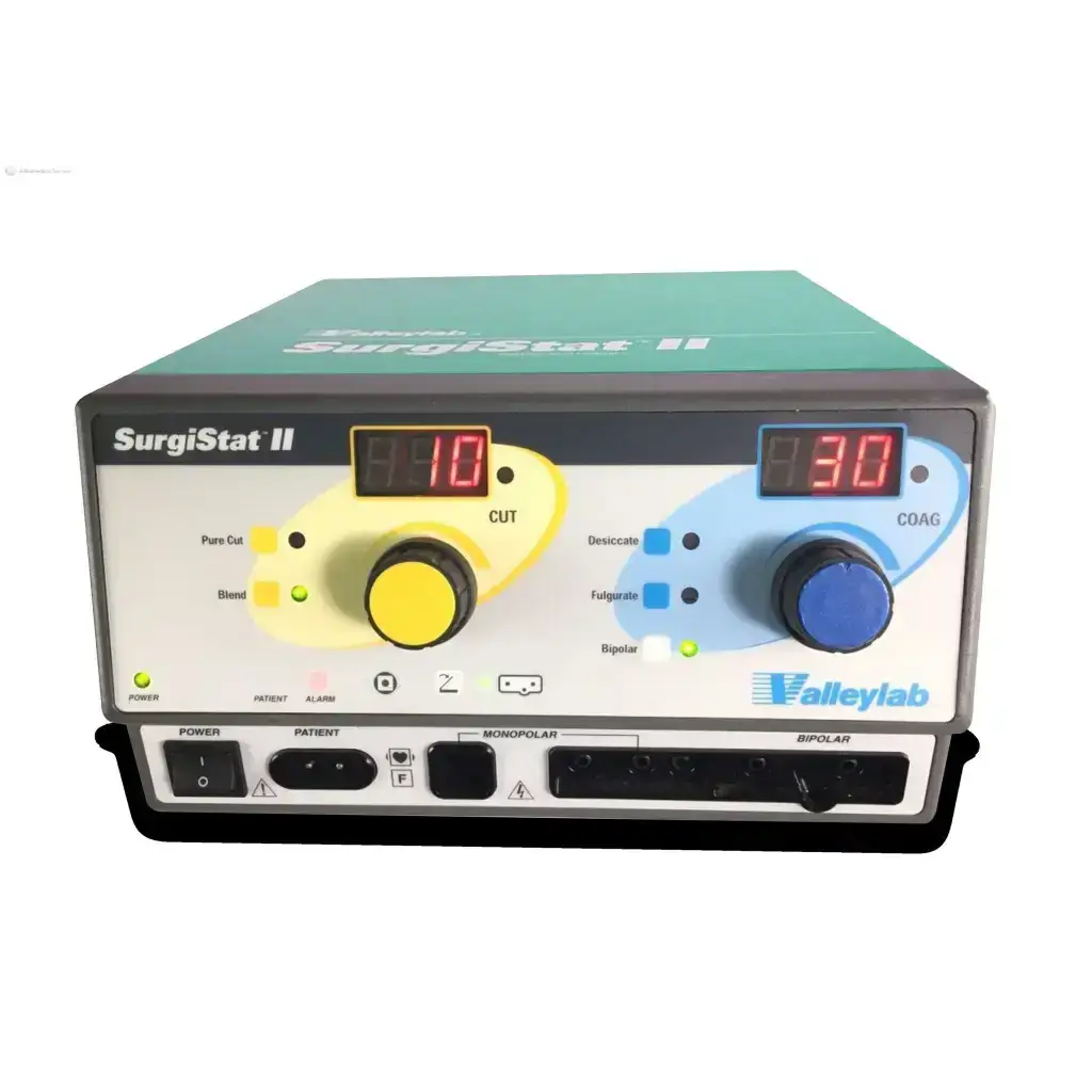 Valleylab surgistat ii esu electrosurgical unit with dual control knobs and digital displays featuring surgistat ii features