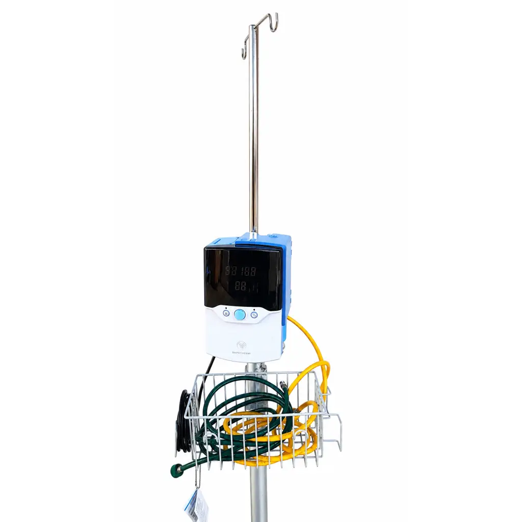Blue and white vapotherm precision flow hi-vni therapy system with metal stand and coiled tubing basket