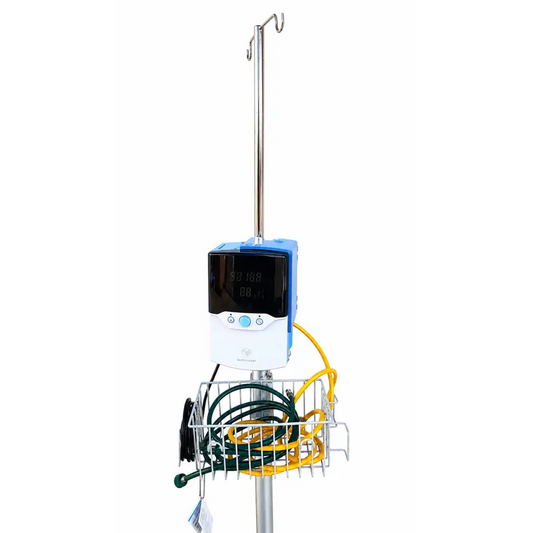 Blue and white vapotherm precision flow hi-vni therapy system with metal stand and coiled tubing basket