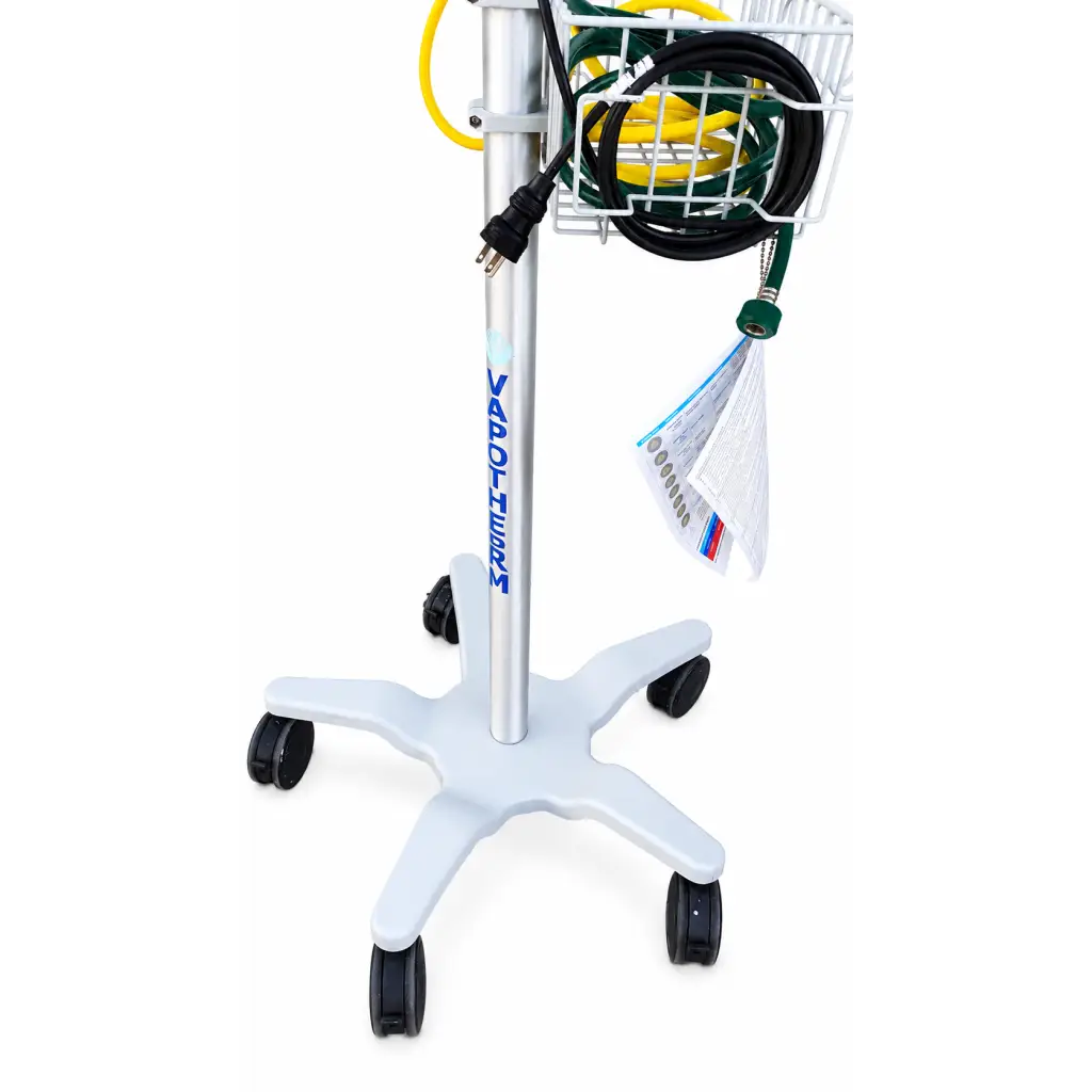 Silver metallic precision flow vapotherm hi-vni therapy system with white star base and coiled hoses