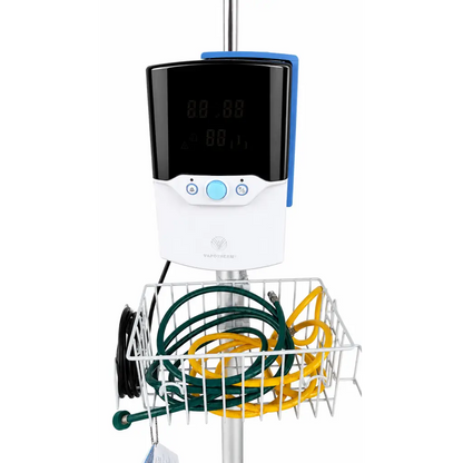 Vaporheim white and black digital precision flow infusion pump with blue control button on metal stand