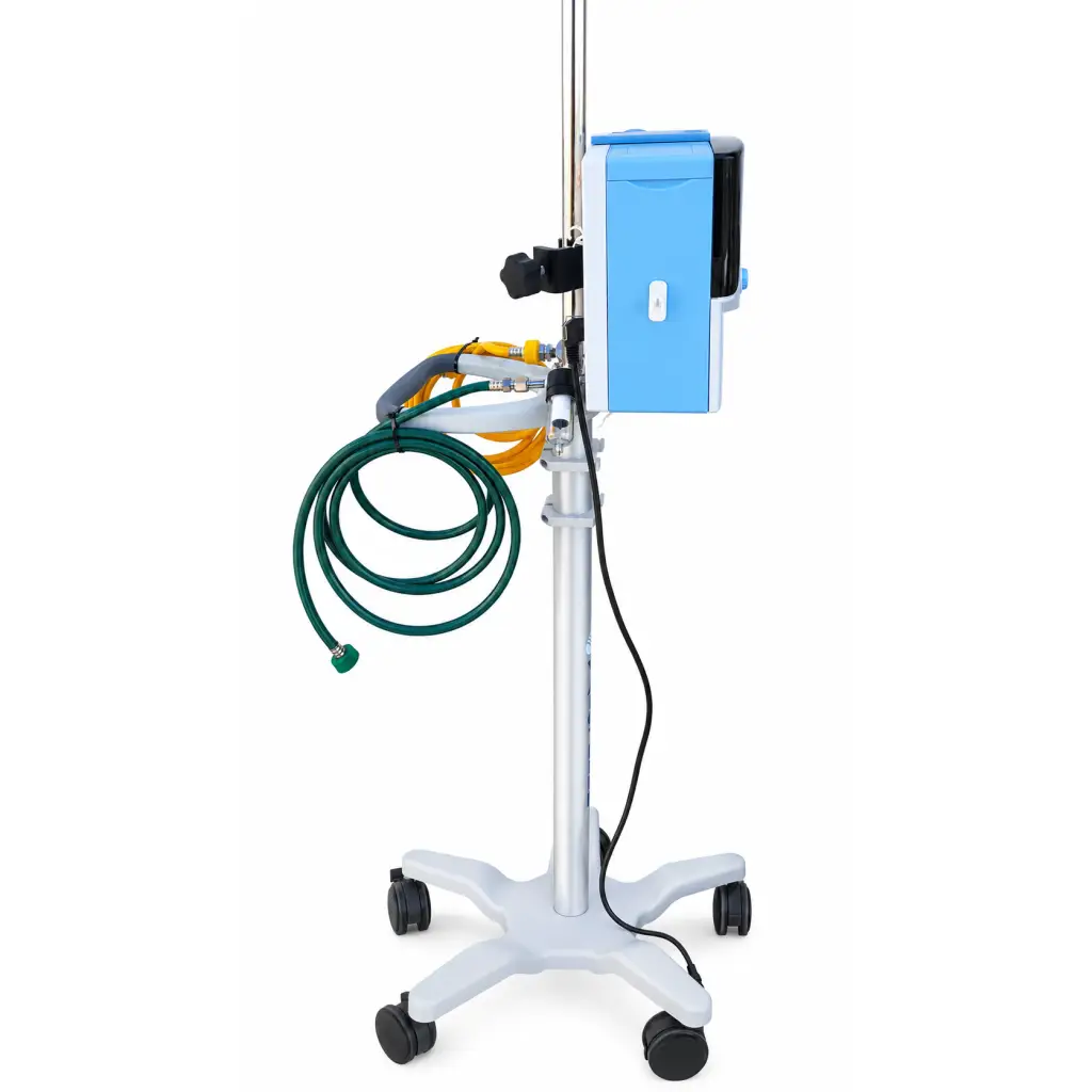 Blue and white vapotherm precision flow plus iv infusion pump on silver metal stand with black caster wheels for respiratory therapy