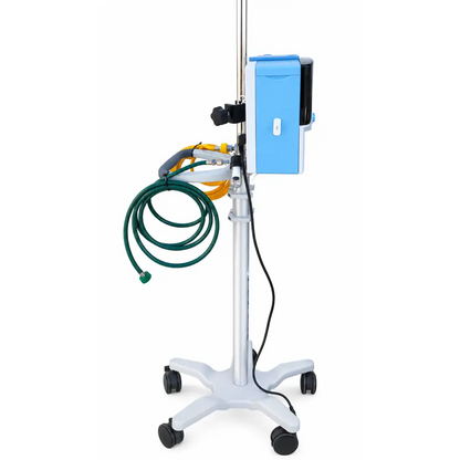 Blue and white vapotherm precision flow plus iv infusion pump on silver metal stand with black caster wheels for respiratory therapy