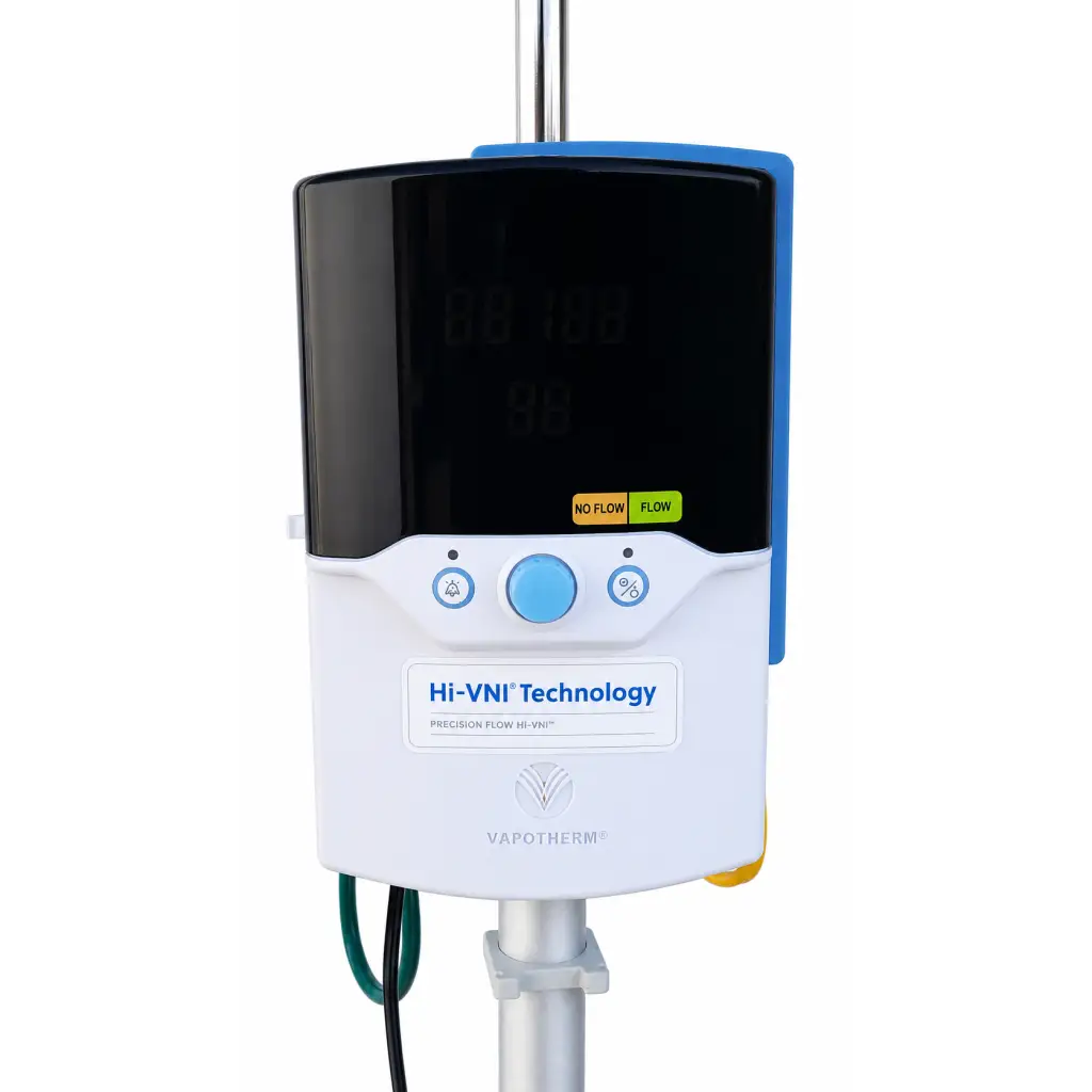 White and blue vapotherm precision flow plus medical infusion pump with black display and hi-vni technology label