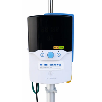 White and blue vapotherm precision flow plus medical infusion pump with black display and hi-vni technology label