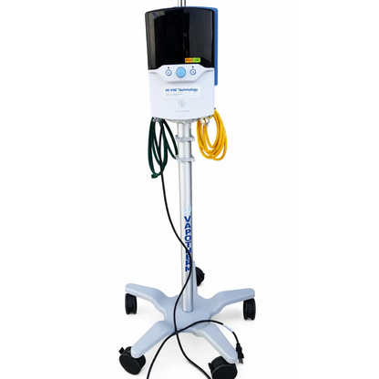 Silver and black vapotherm precision flow plus hi-vni respiratory therapy system on a wheeled biomed certified stand