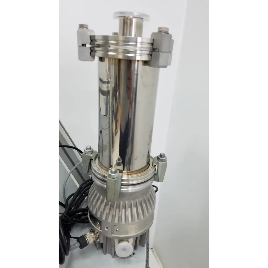 Stainless steel turbo-v 301-ag navigator pump with cylindrical body and ribbed motor housing for vacuum systems