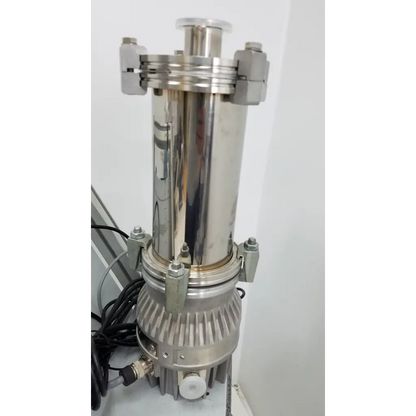 Stainless steel turbo-v 301-ag navigator pump with cylindrical body and ribbed motor housing for vacuum systems