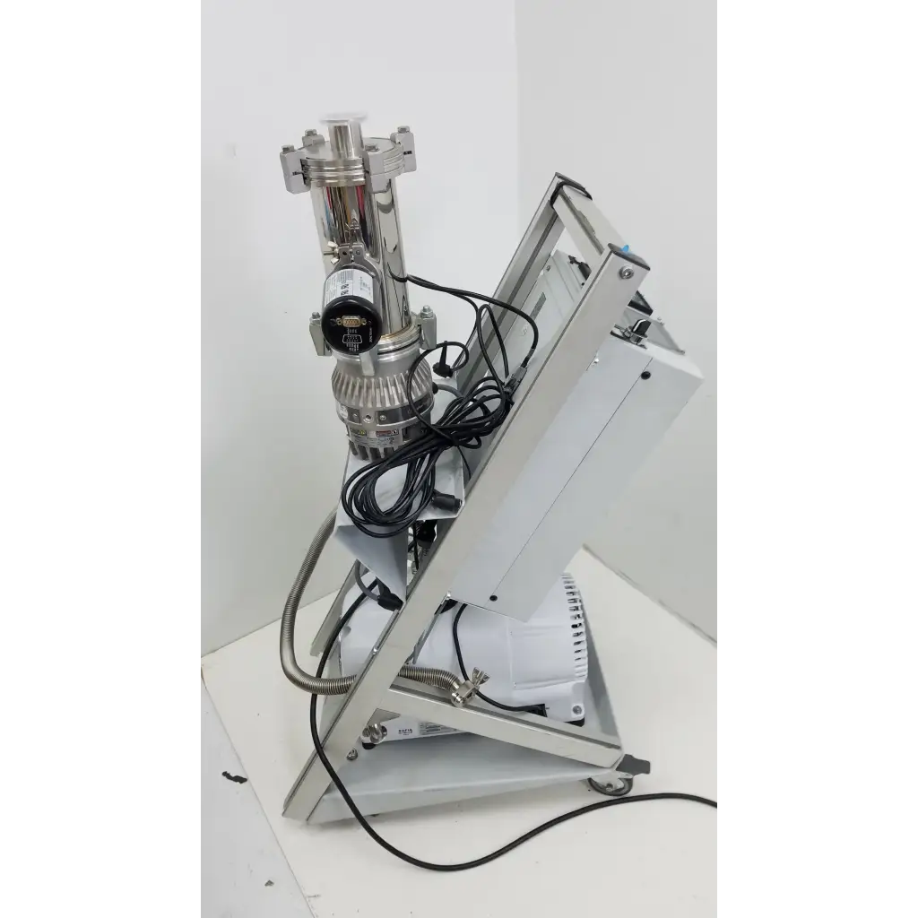 Stainless steel turbo-v 301-ag navigator vacuum pump system with visible wiring and control components on a metallic stand