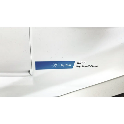White agilent idp-7 dry scroll pump with blue label and logo in varian turbo-v 301-ag navigator vacuum pump system