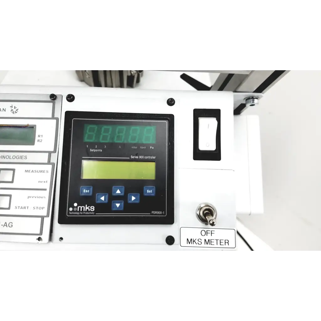 White mks series 800 controller with green digital display and blue navigation buttons on turbo-v 301-ag navigator vacuum pump system