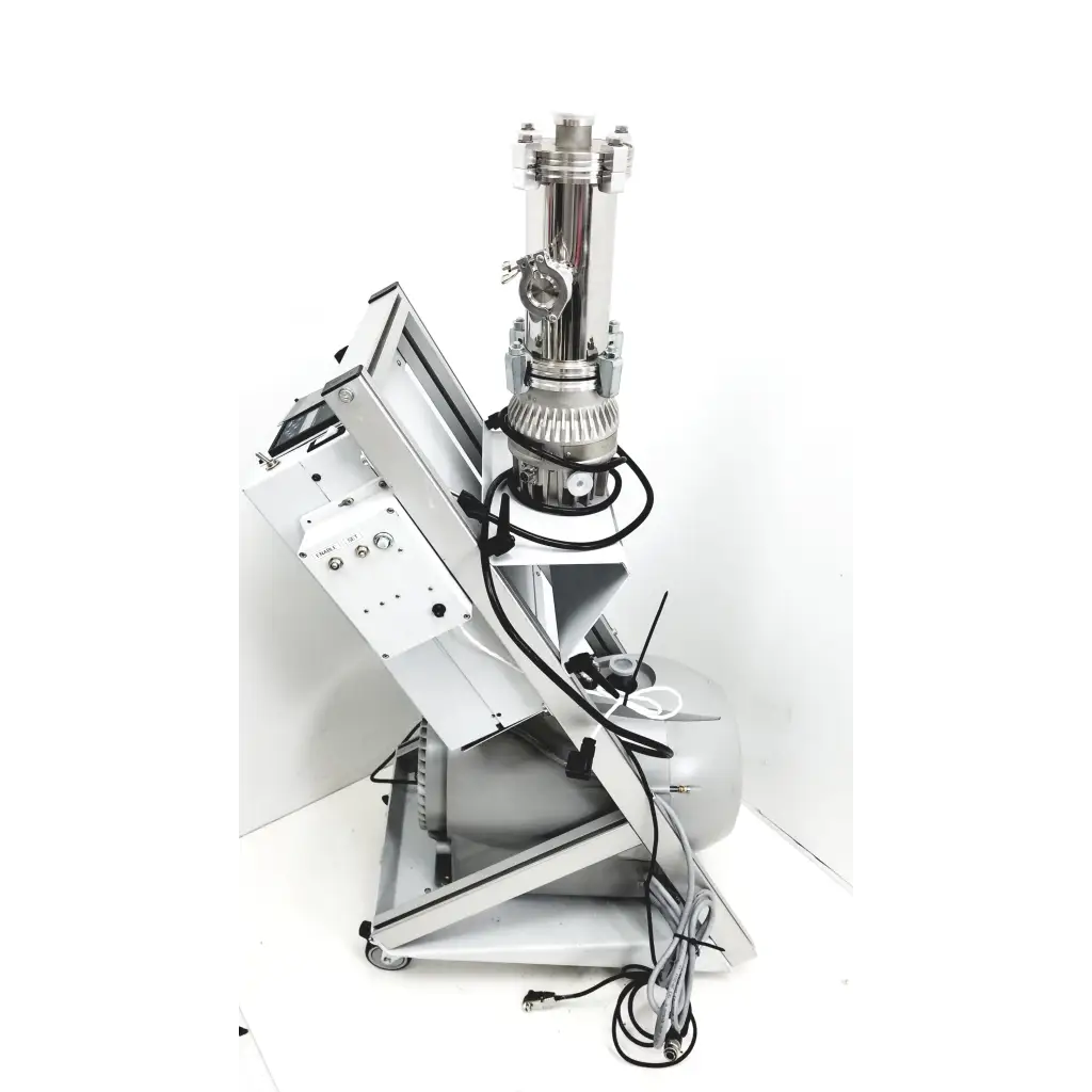 Stainless steel turbo-v 301-ag navigator vacuum pump system with cylindrical chamber and control panel on metal stand