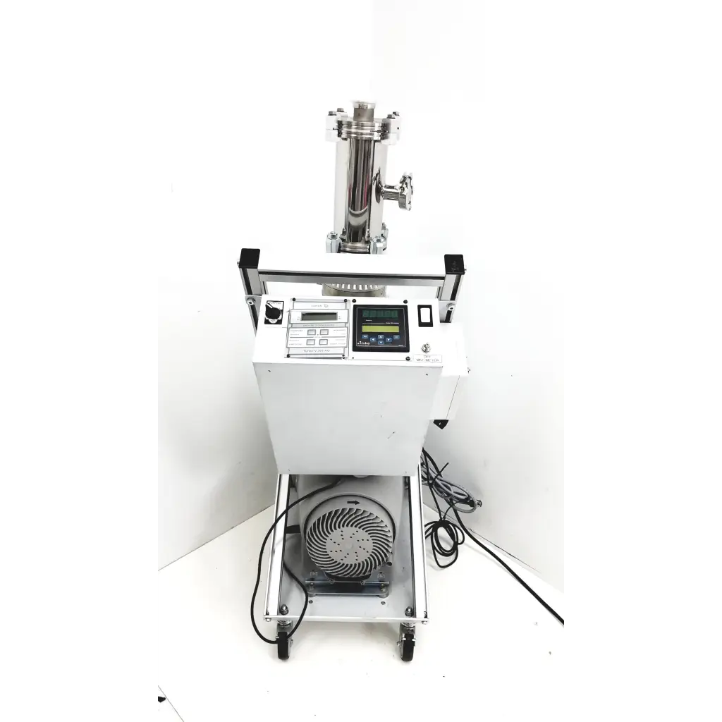 Silver stainless steel turbo-v 301-ag navigator vacuum pump system with digital control panel and fan housing