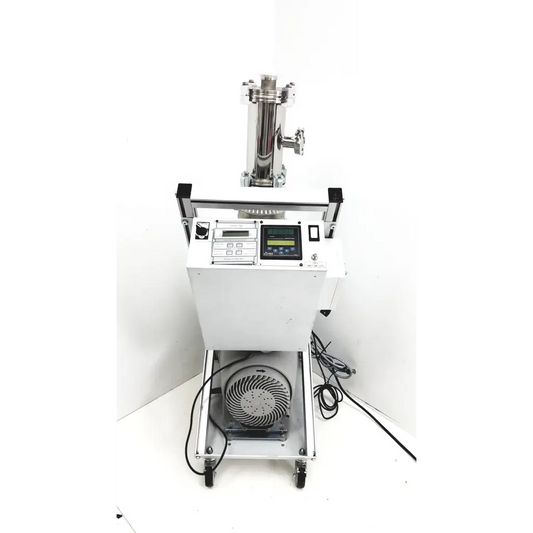 Silver stainless steel turbo-v 301-ag navigator vacuum pump system with digital control panel and fan housing