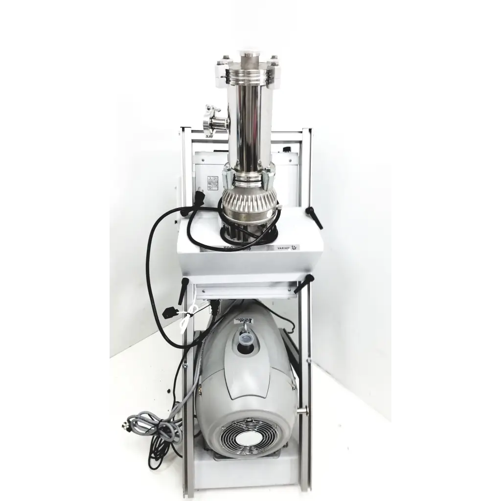 Stainless steel turbo-v 301-ag navigator vacuum pump system with white plastic base and motor housing for lab use