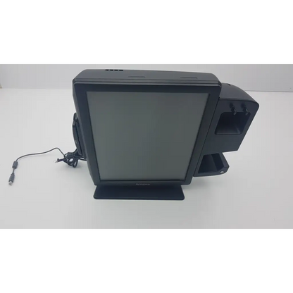 Black touchscreen cash register with integrated receipt printer and stand in vecna medical system medical kiosk with elo ac adapter