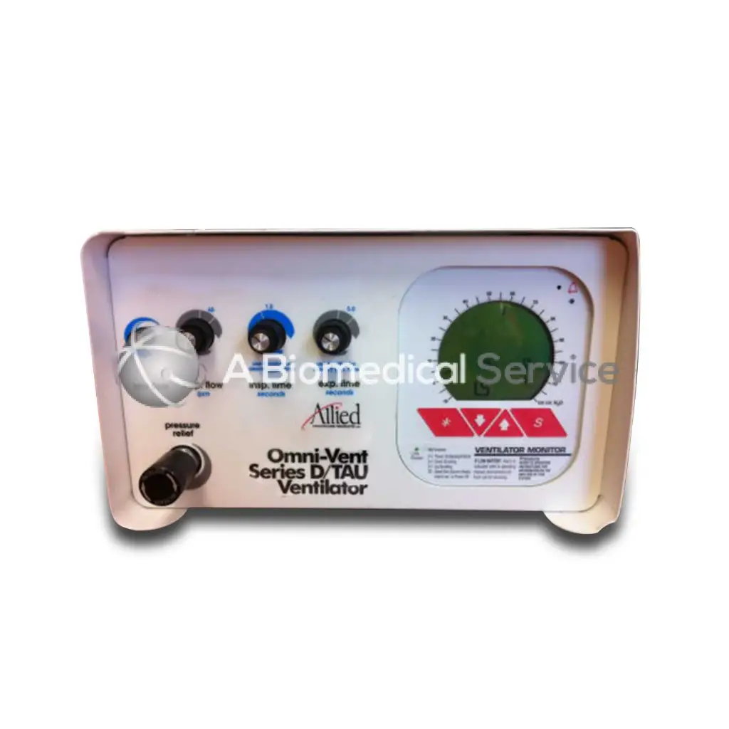 White allied omnivent series d tau ventilator with blue knobs green dial and red warnings for omnivent mri compatible use