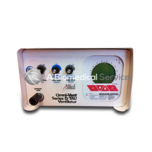 White allied omnivent series d tau ventilator with blue knobs green dial and red warnings for omnivent mri compatible use